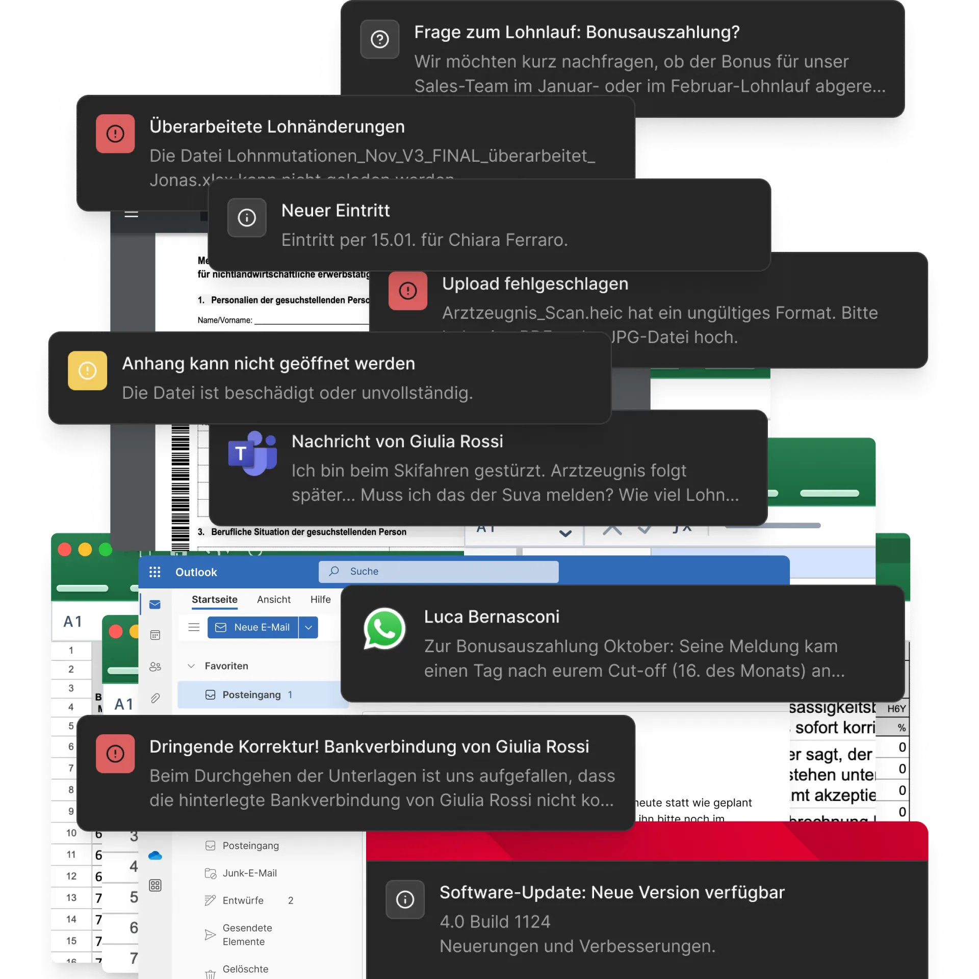 Lohnfragen, fehlgeschlagene Uploads und Korrekturen aus E-Mail, Chat und Tabellen, wild durcheinander