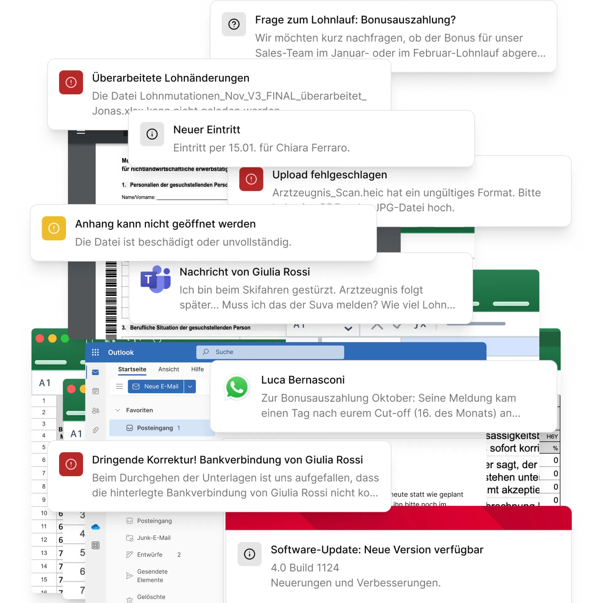 Lohnfragen, fehlgeschlagene Uploads und Korrekturen aus E-Mail, Chat und Tabellen, wild durcheinander
